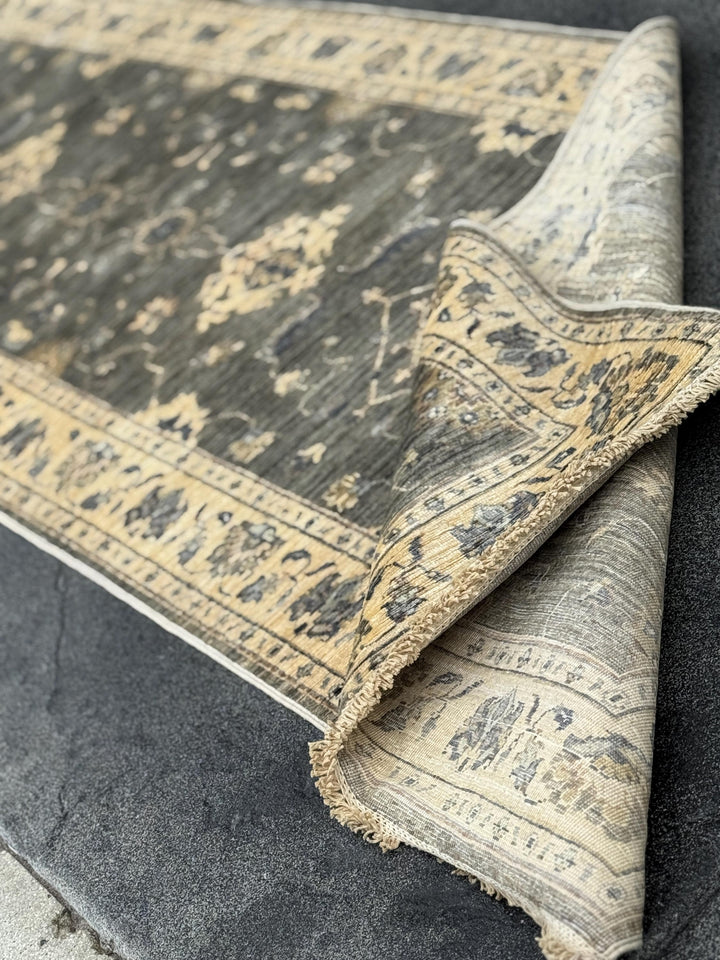 3x10 Handmade Afghan Wool Runner Rug | Traditional Floral Medallion | Slate Grey And Blue