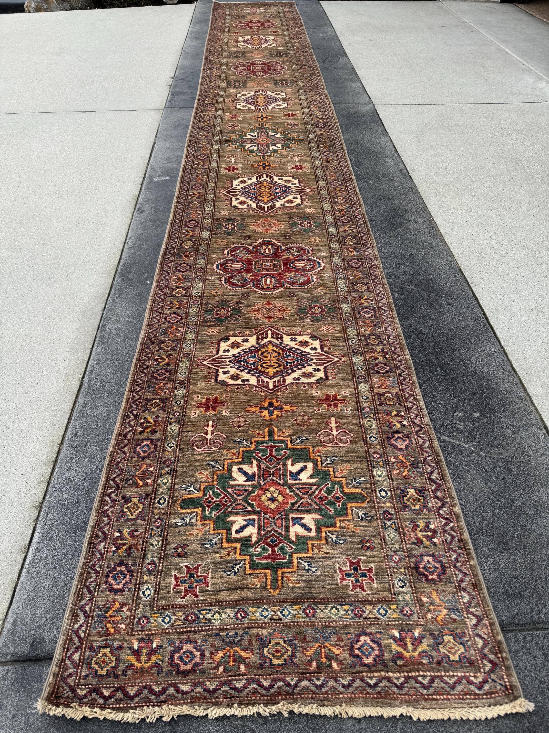 3x20 Handmade Afghan Wool Runner Rug | Traditional Kazak Geometric Medallion | Taupe And Tan