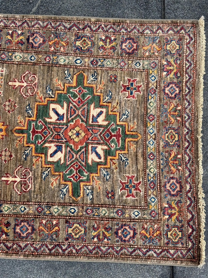 3x20 Handmade Afghan Wool Runner Rug | Traditional Kazak Geometric Medallion | Taupe And Tan
