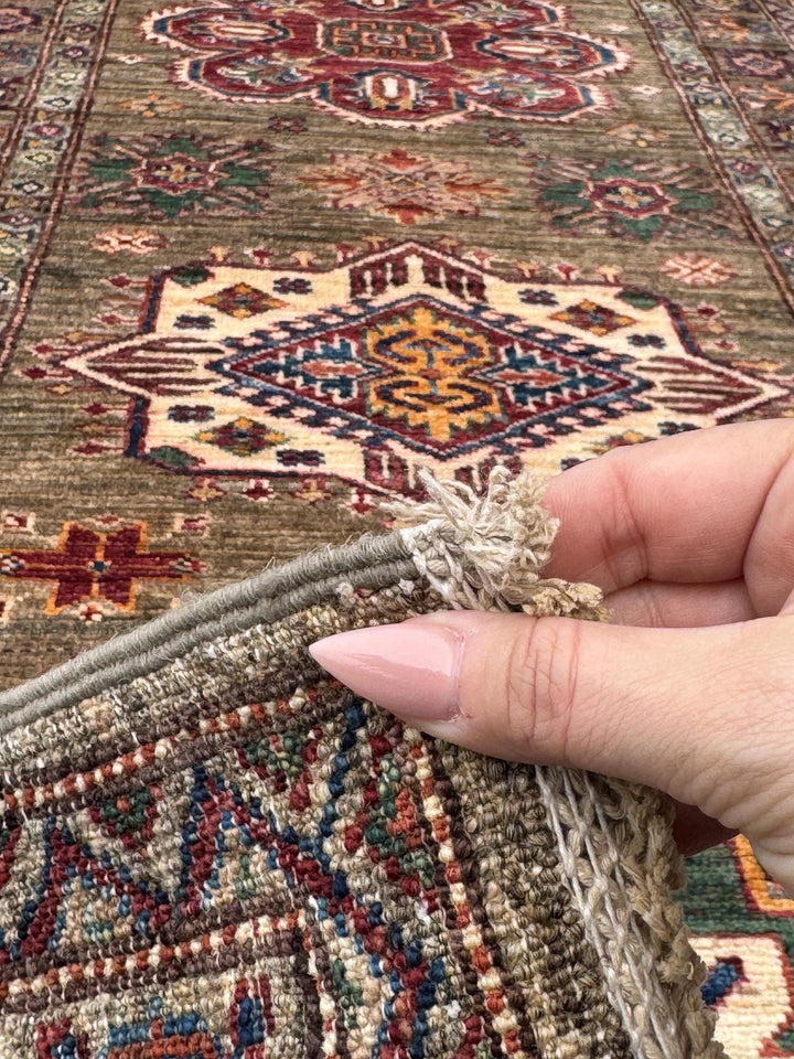 3x20 Handmade Afghan Wool Runner Rug | Traditional Kazak Geometric Medallion | Taupe And Tan