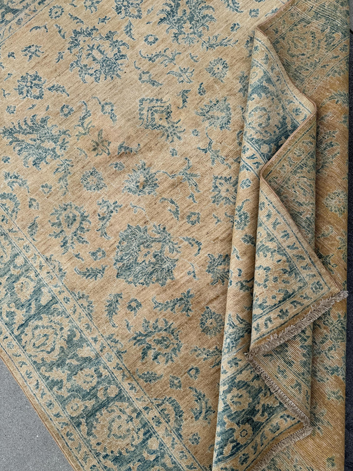 6x8 Handmade Afghan Wool Rug | Traditional Floral Border | Beige And Blue Area Rug