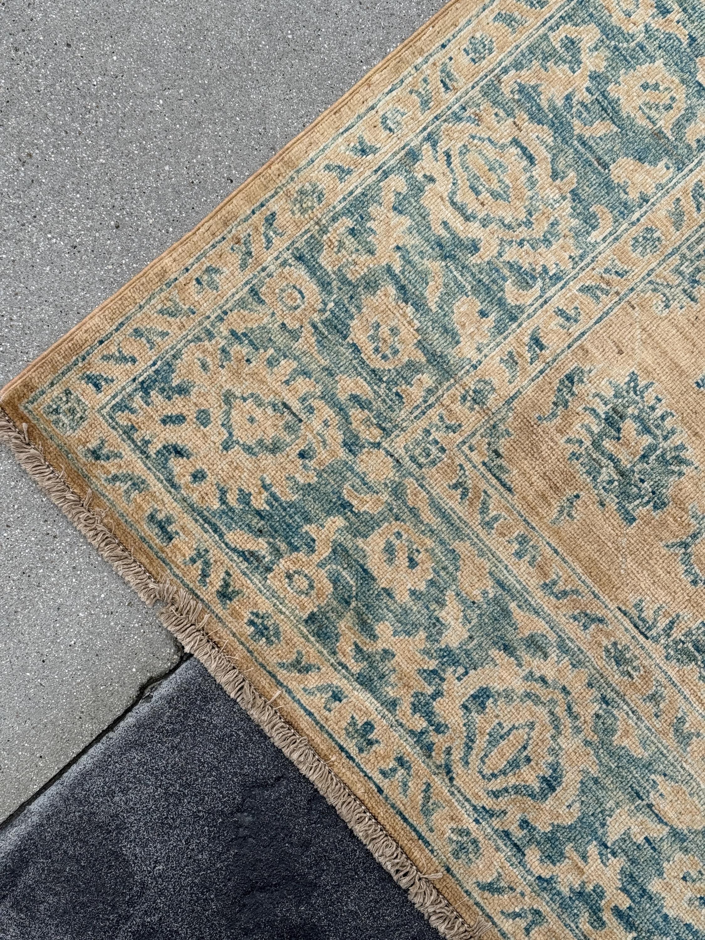 6x8 Handmade Afghan Wool Rug | Traditional Floral Border | Beige And Blue Area Rug