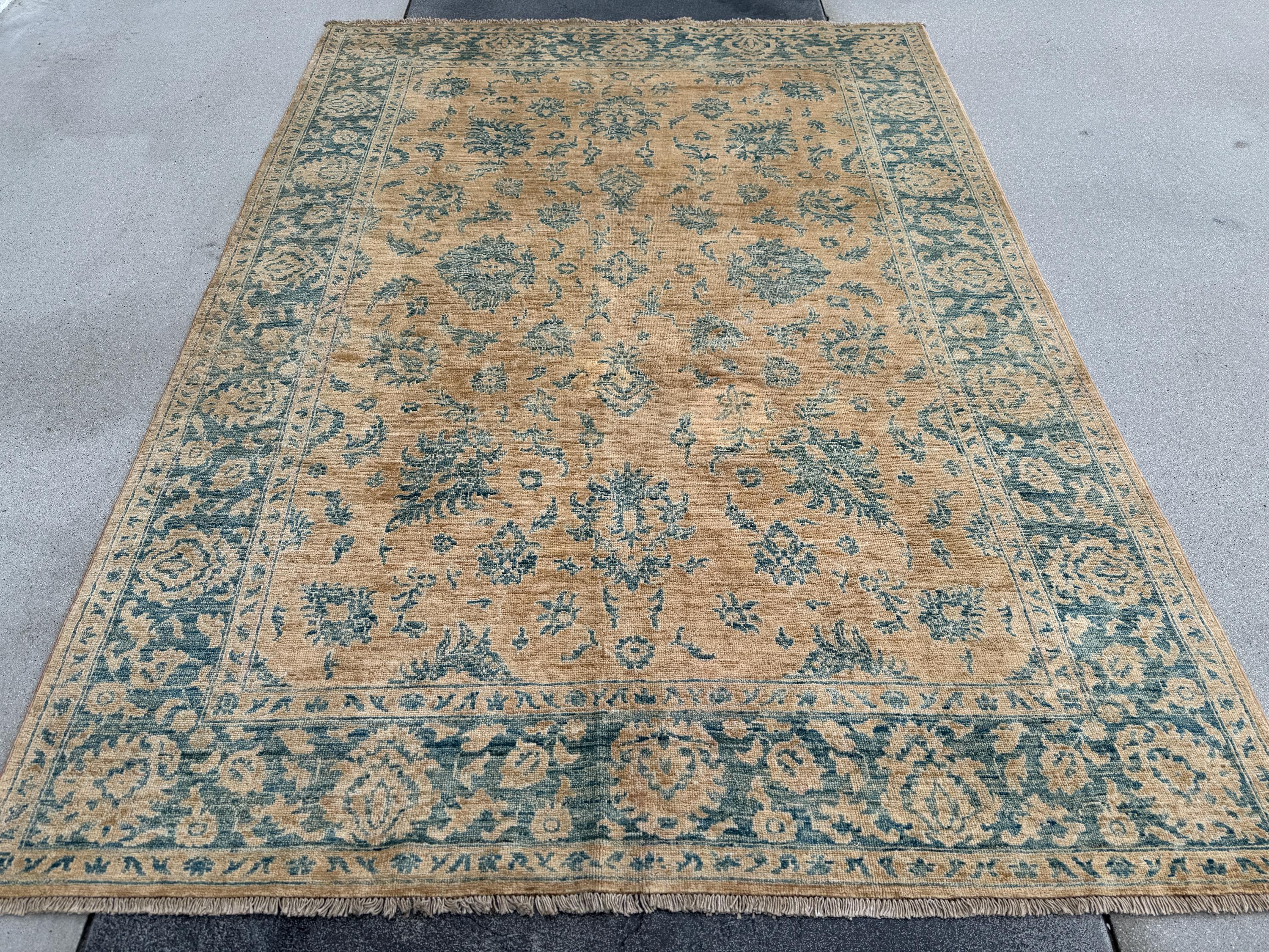 6x8 Handmade Afghan Wool Rug | Traditional Floral Border | Beige And Blue Area Rug