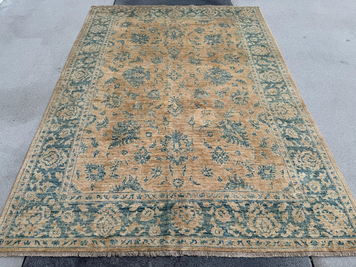 6x8 Handmade Afghan Wool Rug | Traditional Floral Border | Beige And Blue Area Rug