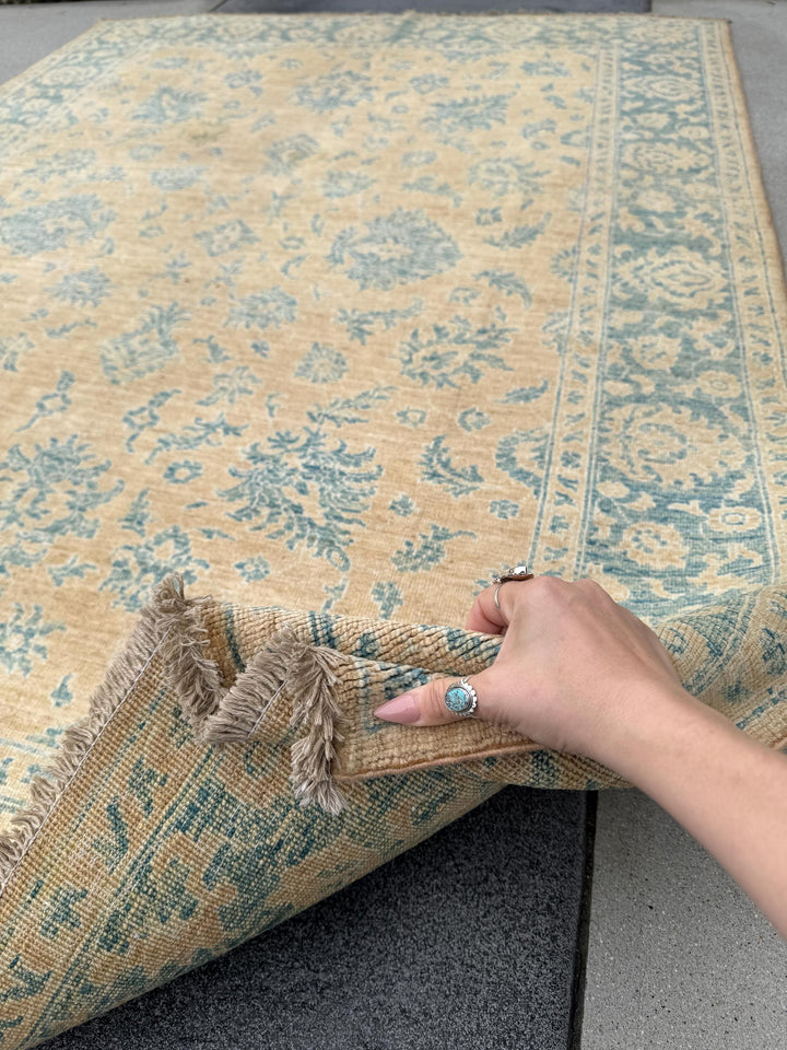 6x8 Handmade Afghan Wool Rug | Traditional Floral Border | Beige And Blue Area Rug
