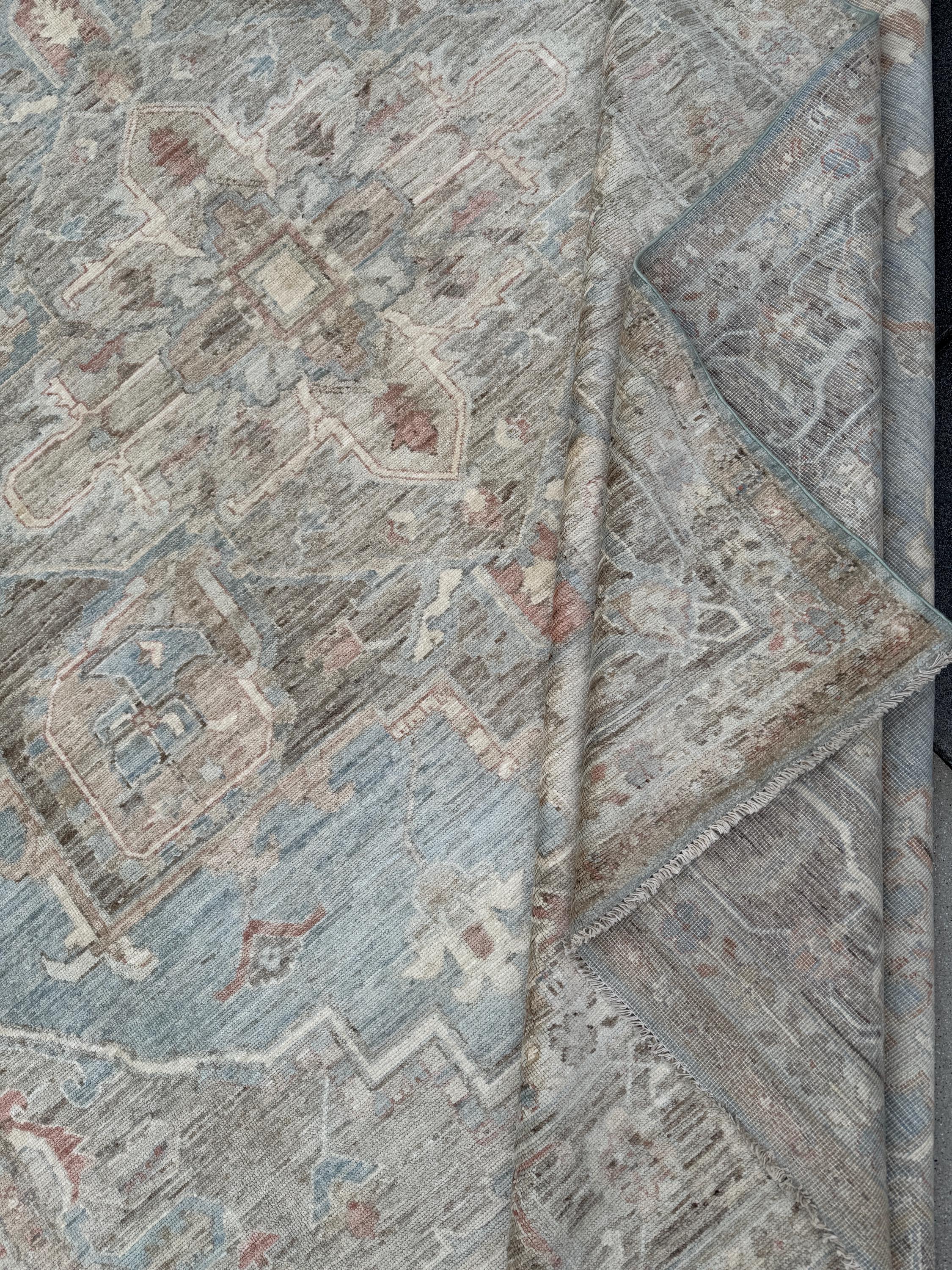 10x14 Handmade Afghan Wool Rug | Traditional Medallion Design | Taupe And Blue Area Rug