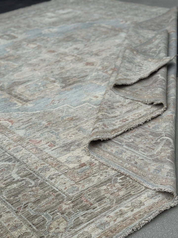 10x14 Handmade Afghan Wool Rug | Traditional Medallion Design | Taupe And Blue Area Rug