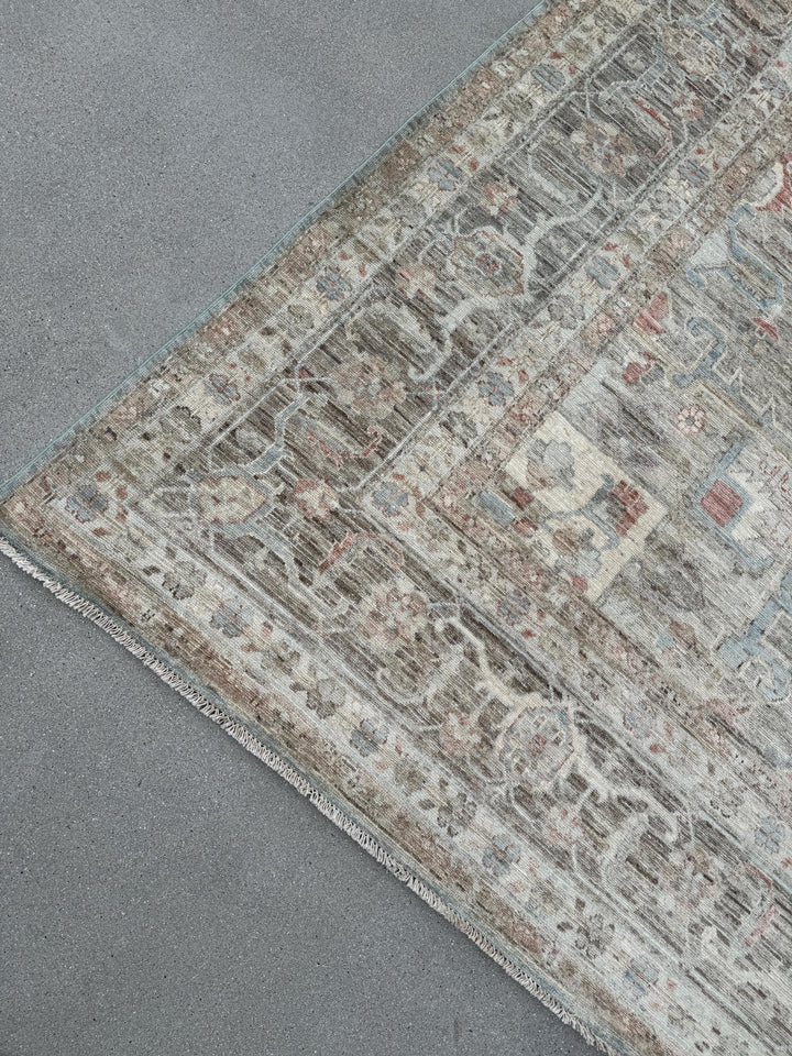 10x14 Handmade Afghan Wool Rug | Traditional Medallion Design | Taupe And Blue Area Rug