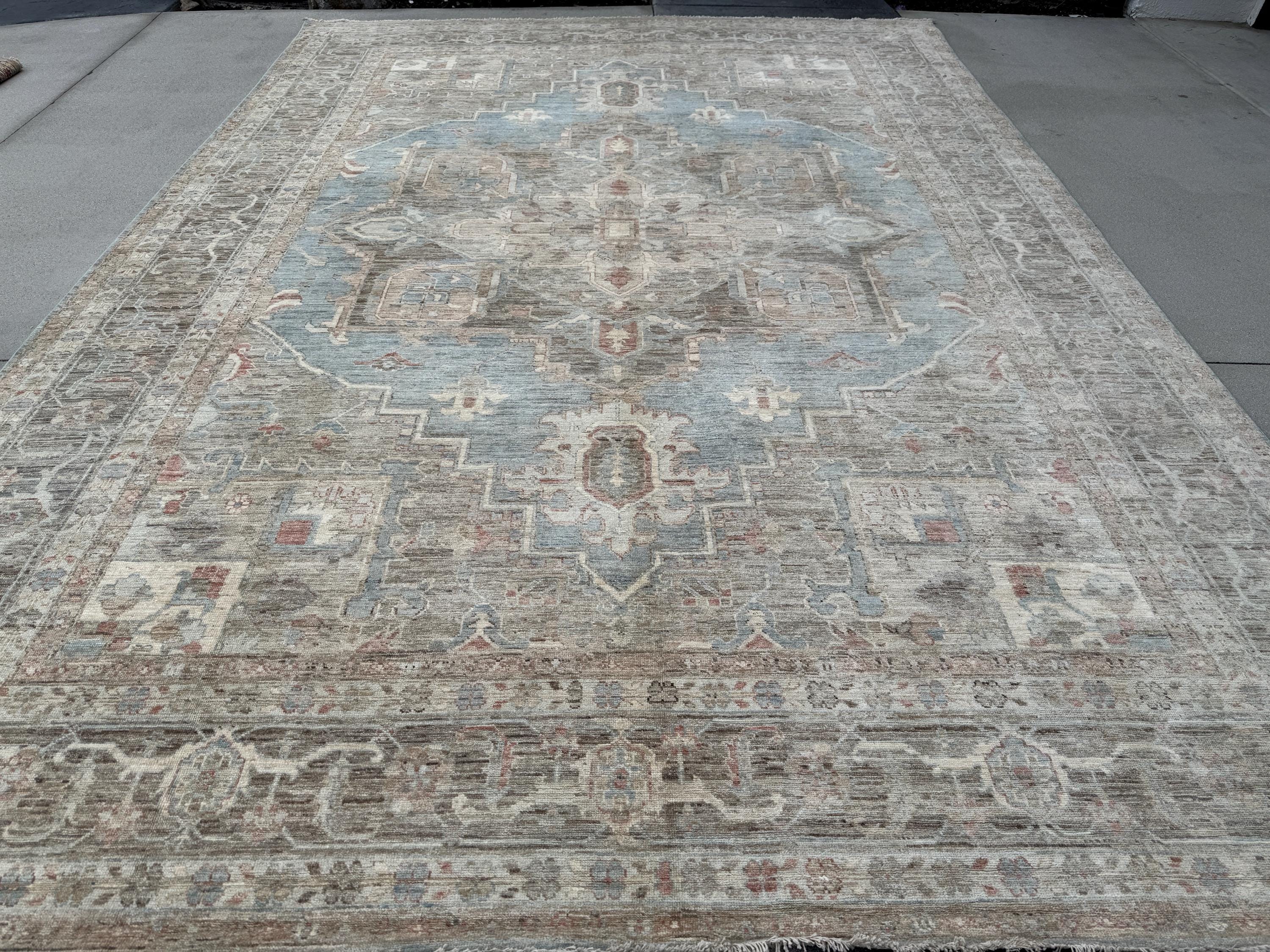 10x14 Handmade Afghan Wool Rug | Traditional Medallion Design | Taupe And Blue Area Rug