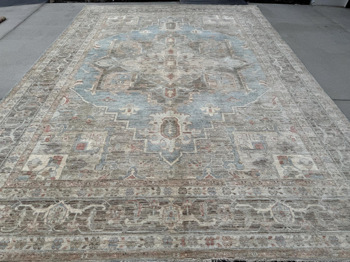 10x14 Handmade Afghan Wool Rug | Traditional Medallion Design | Taupe And Blue Area Rug