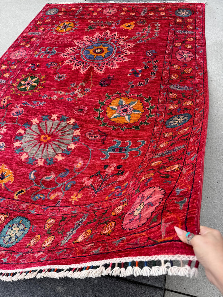 7x10 Handmade Afghan Wool Rug | Bold Floral Medallion Design | Red Statement Area Rug