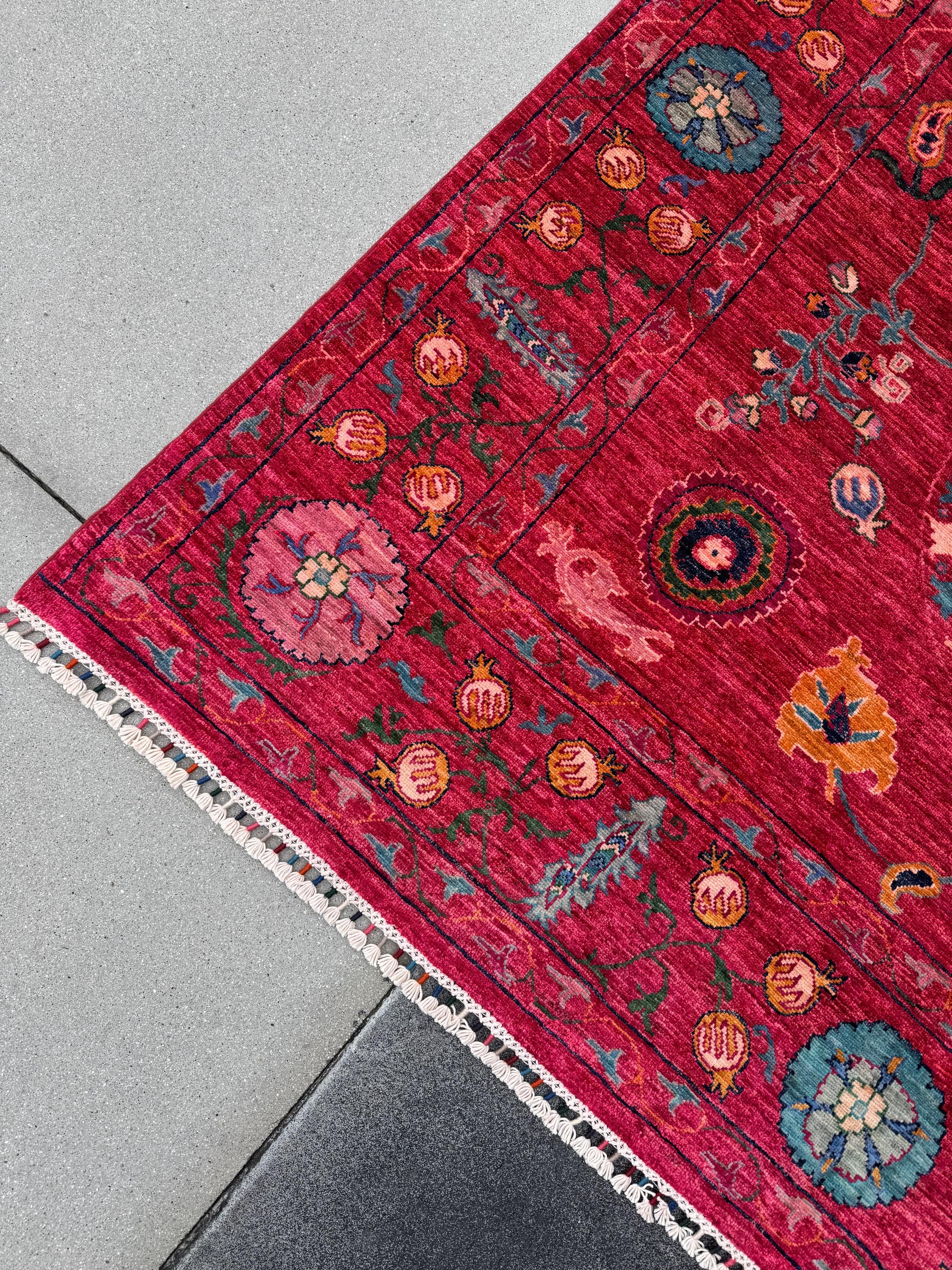 7x10 Handmade Afghan Wool Rug | Bold Floral Medallion Design | Red Statement Area Rug