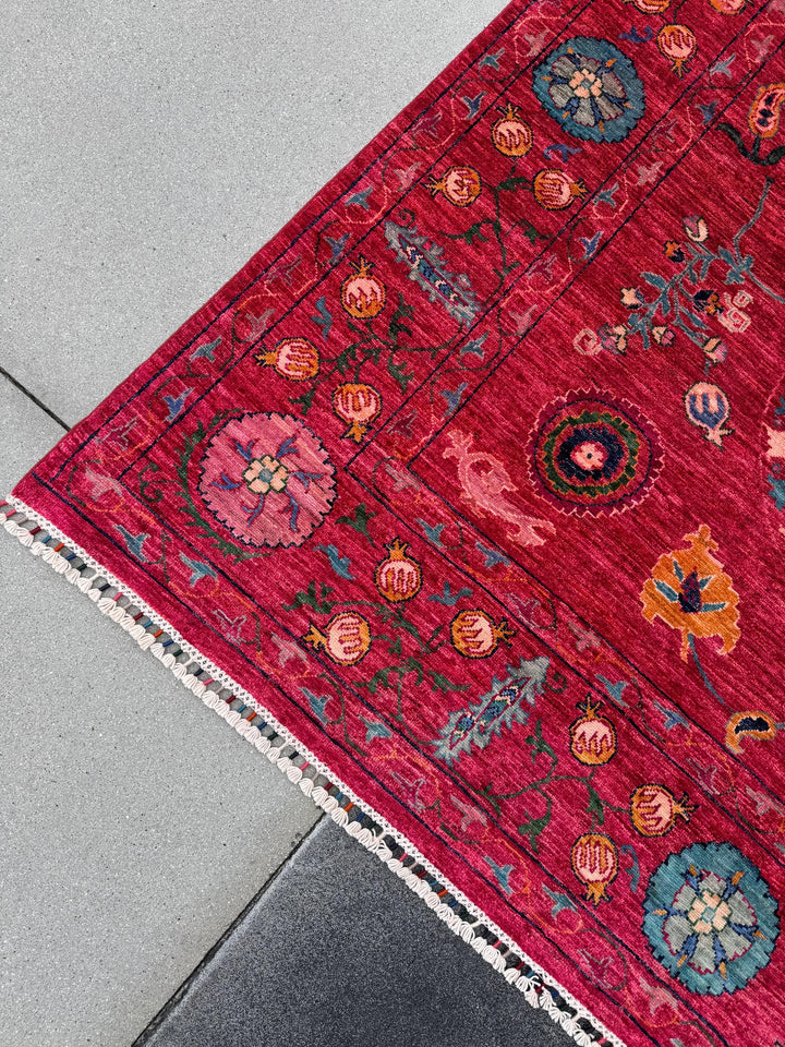7x10 Handmade Afghan Wool Rug | Bold Floral Medallion Design | Red Statement Area Rug