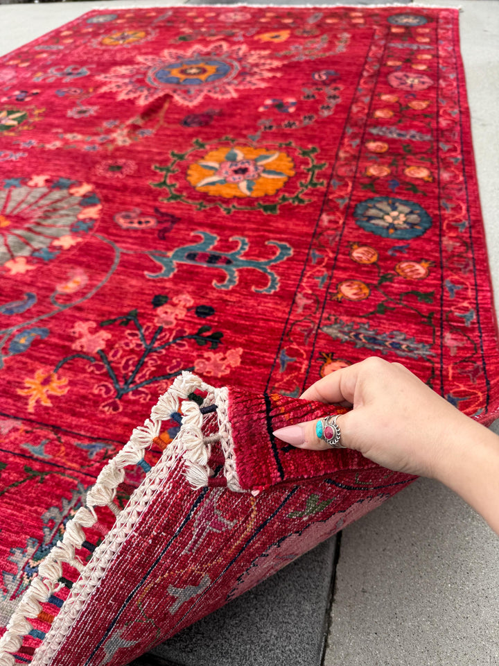 7x10 Handmade Afghan Wool Rug | Bold Floral Medallion Design | Red Statement Area Rug