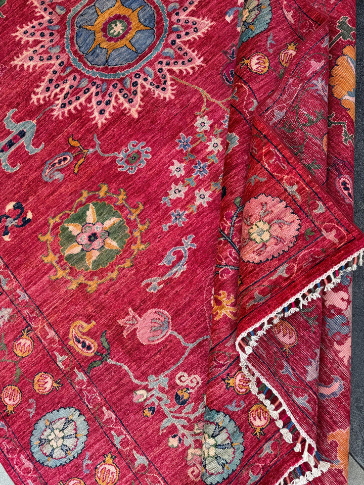 7x9 Handmade Afghan Wool Rug | Bold Floral Medallion Design | Red Statement Area Rug
