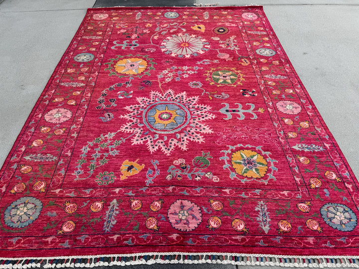 7x9 Handmade Afghan Wool Rug | Bold Floral Medallion Design | Red Statement Area Rug