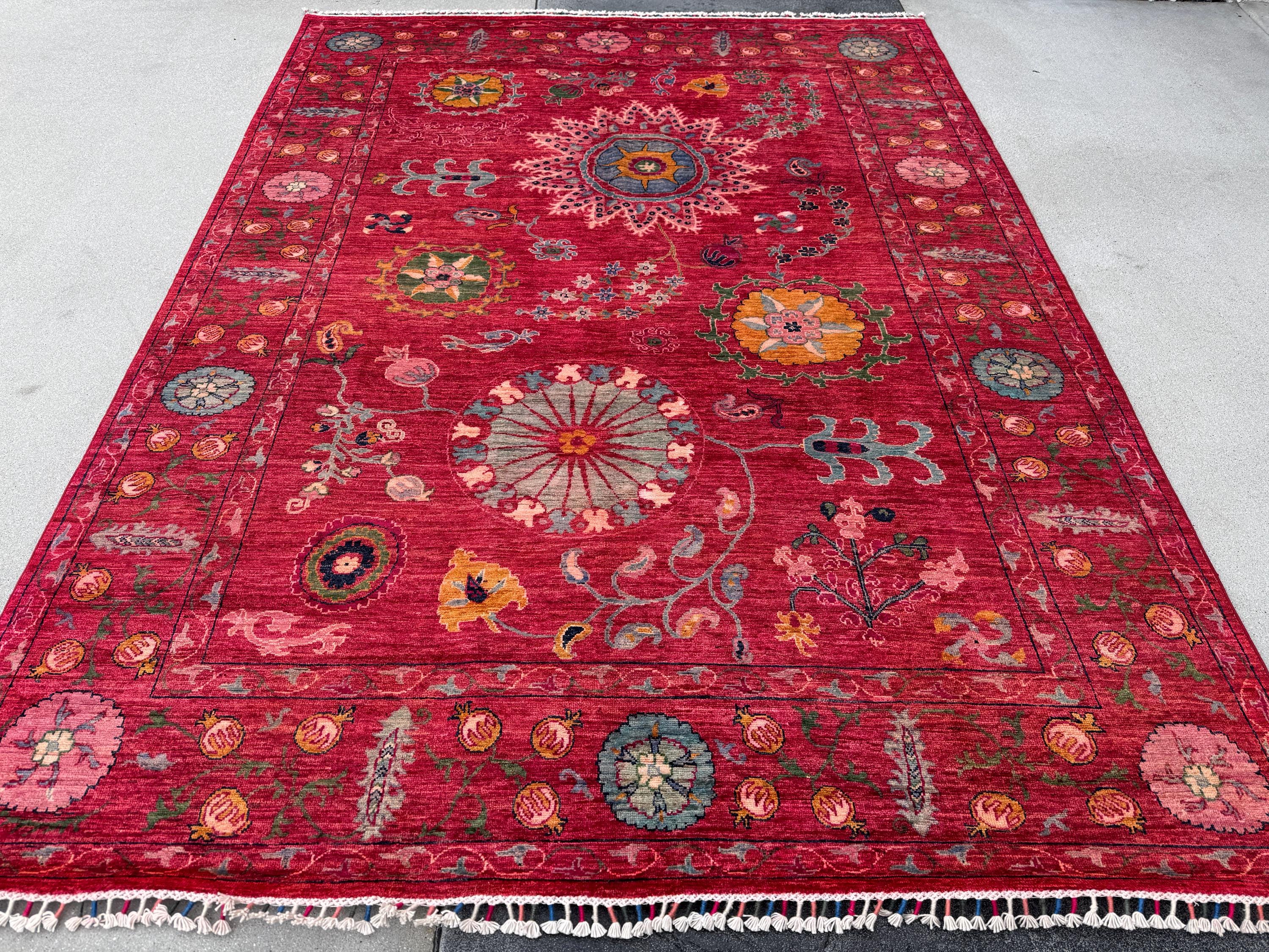 7x9 Handmade Afghan Wool Rug | Bold Floral Medallion Design | Red Statement Area Rug