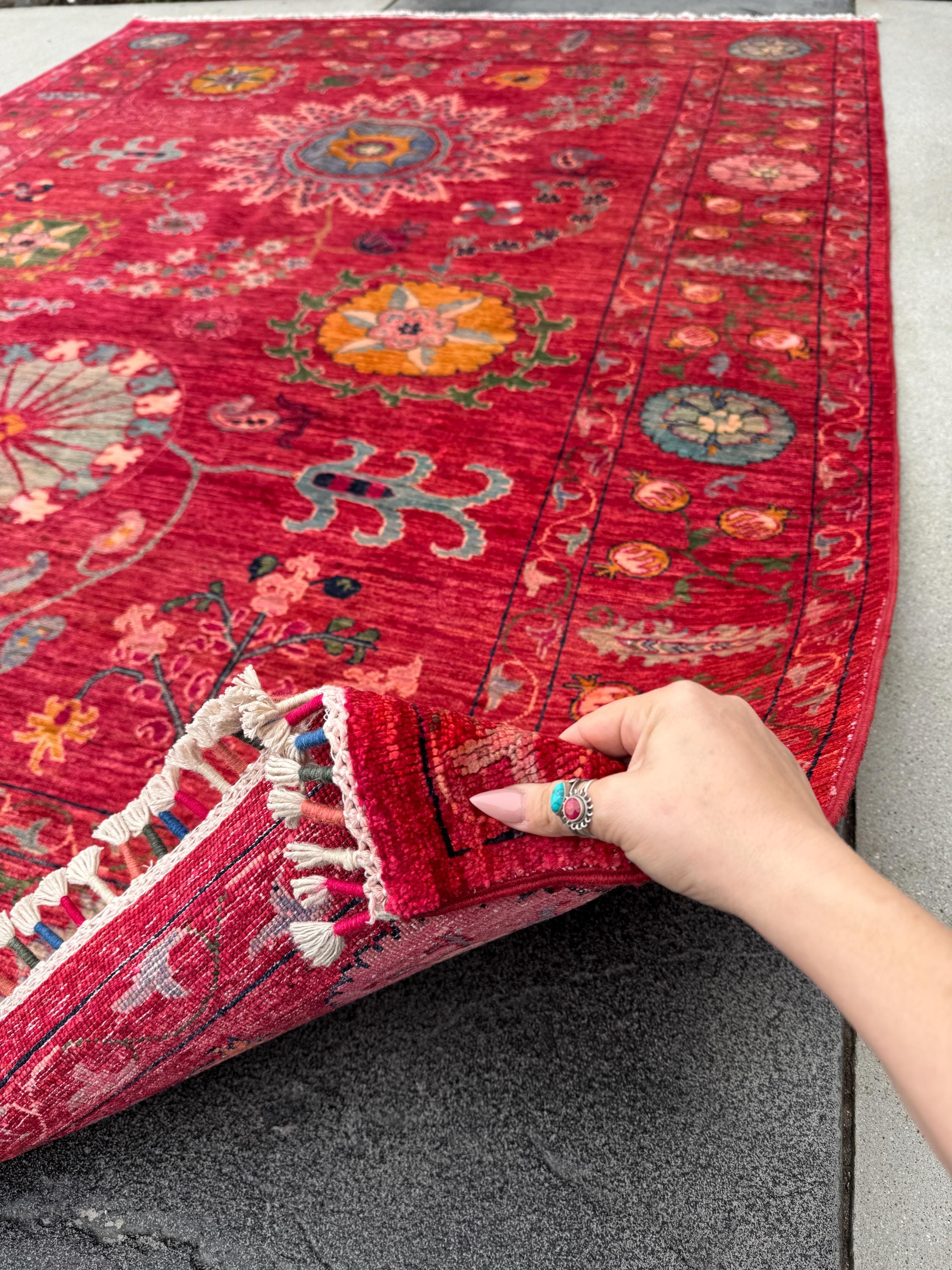 7x9 Handmade Afghan Wool Rug | Bold Floral Medallion Design | Red Statement Area Rug