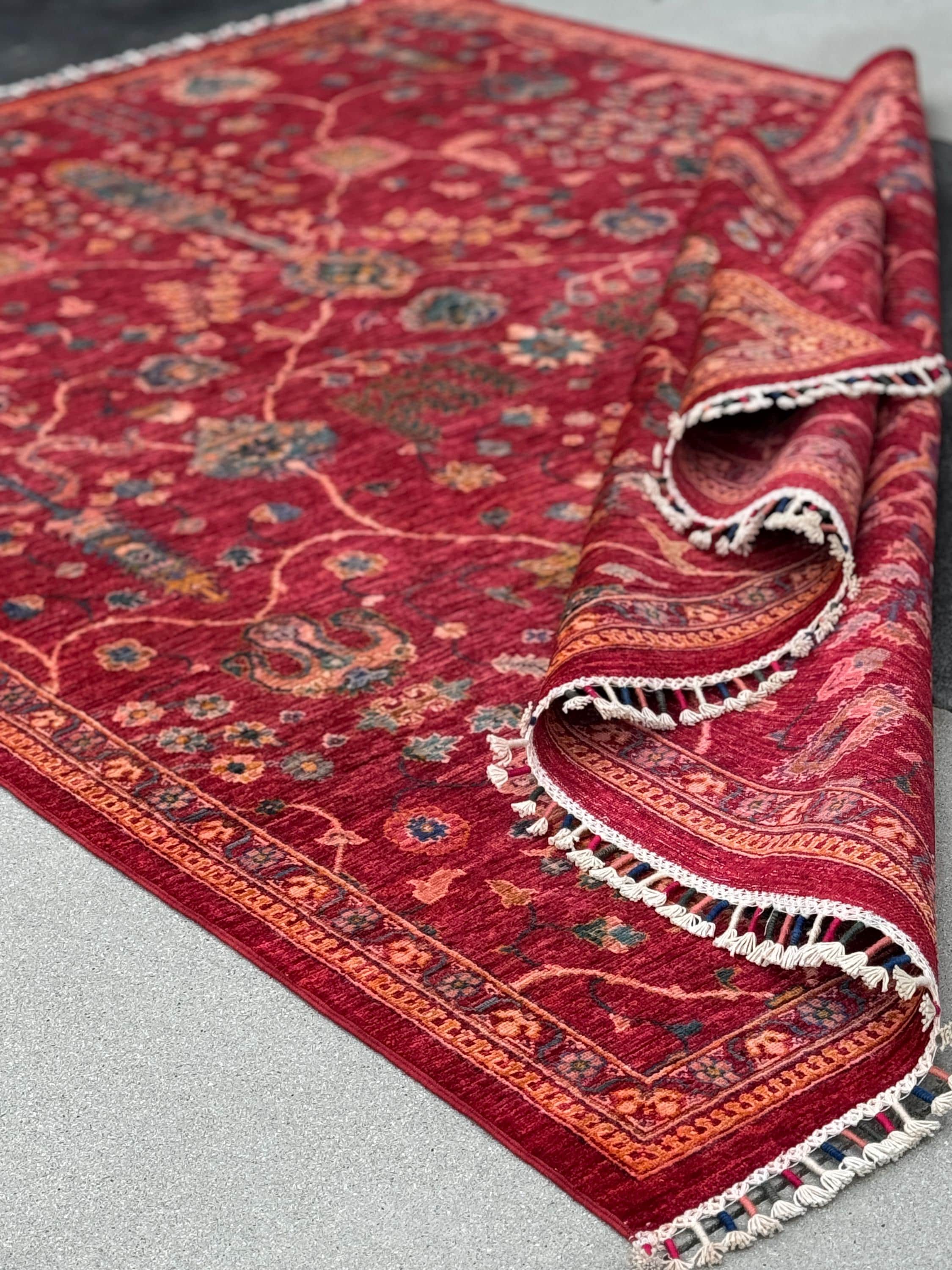 7x10 Handmade Afghan Wool Rug | Intricate Floral Vine Design | Red And Blue Area Rug