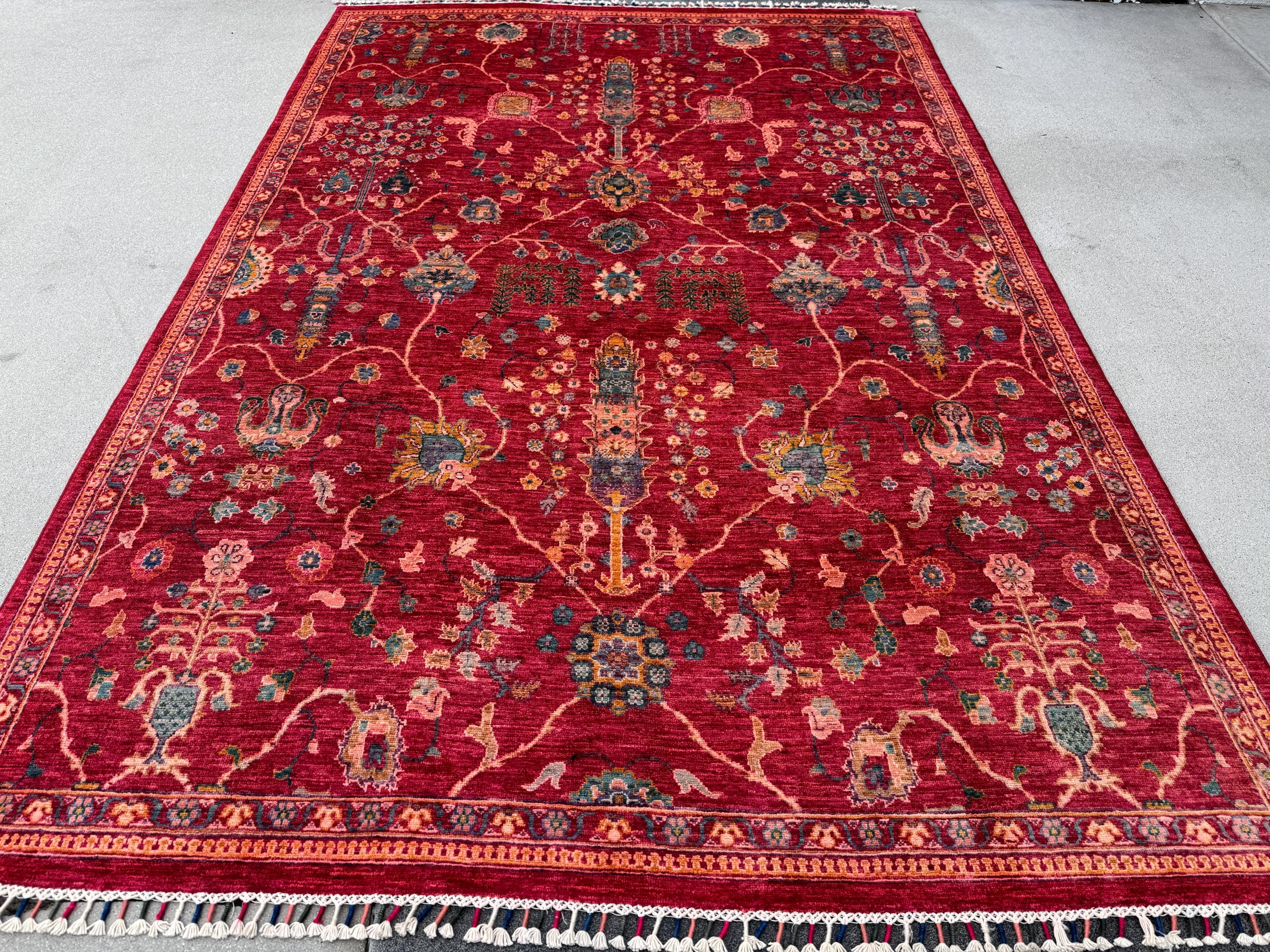 7x10 Handmade Afghan Wool Rug | Intricate Floral Vine Design | Red And Blue Area Rug