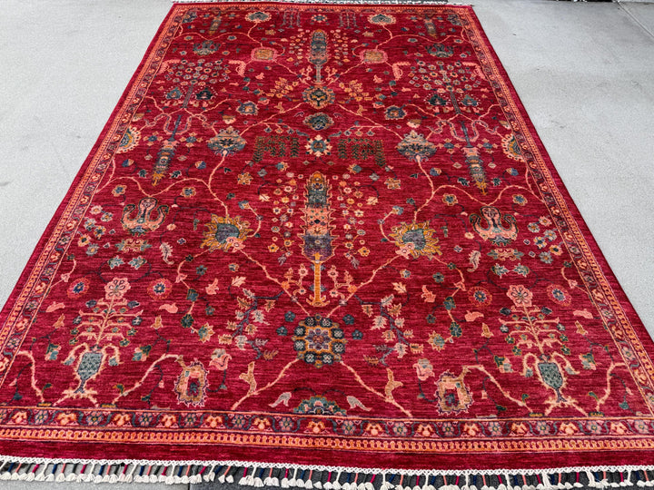 7x10 Handmade Afghan Wool Rug | Intricate Floral Vine Design | Red And Blue Area Rug