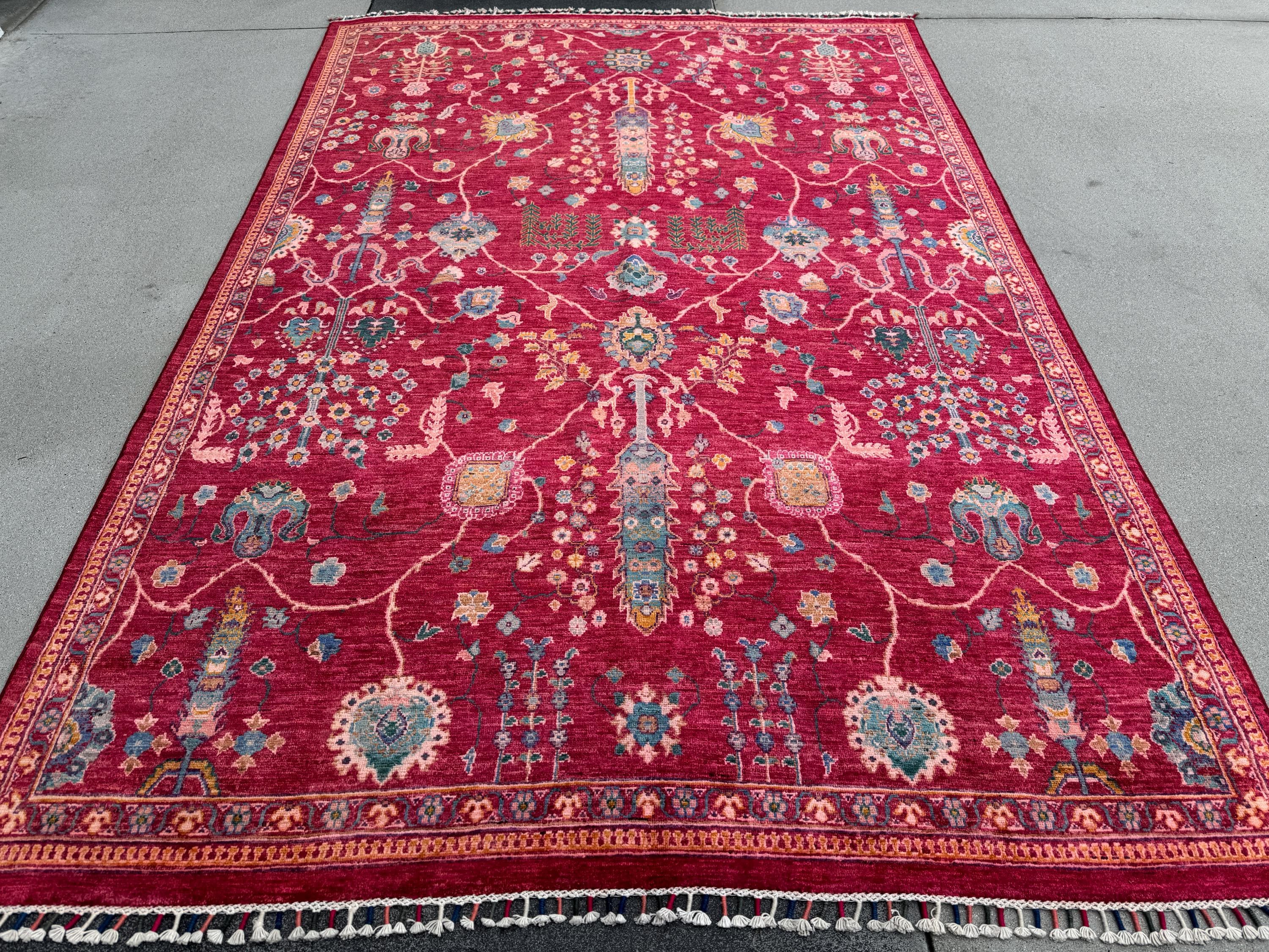 7x10 Handmade Afghan Wool Rug | Intricate Floral Vine Design | Red And Blue Area Rug