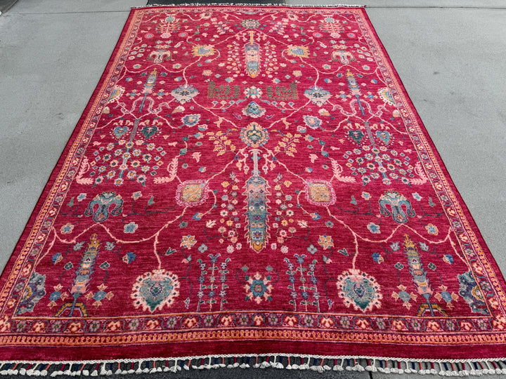 7x10 Handmade Afghan Wool Rug | Intricate Floral Vine Design | Red And Blue Area Rug