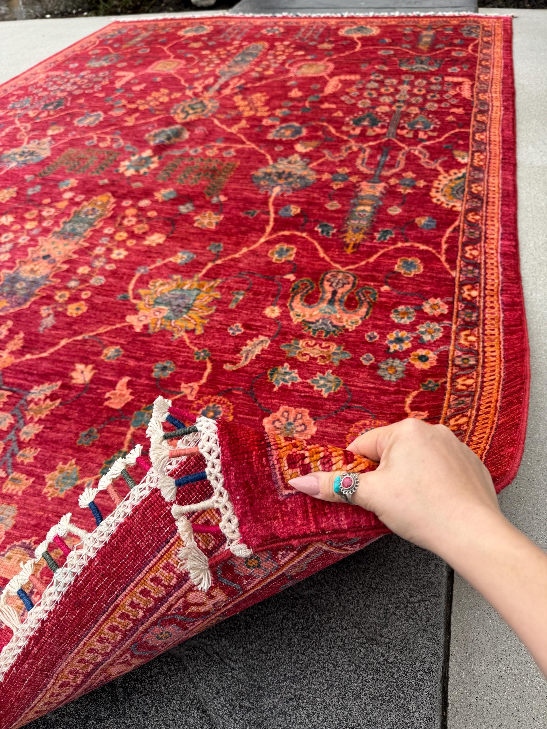 7x10 Handmade Afghan Wool Rug | Intricate Floral Vine Design | Red And Blue Area Rug