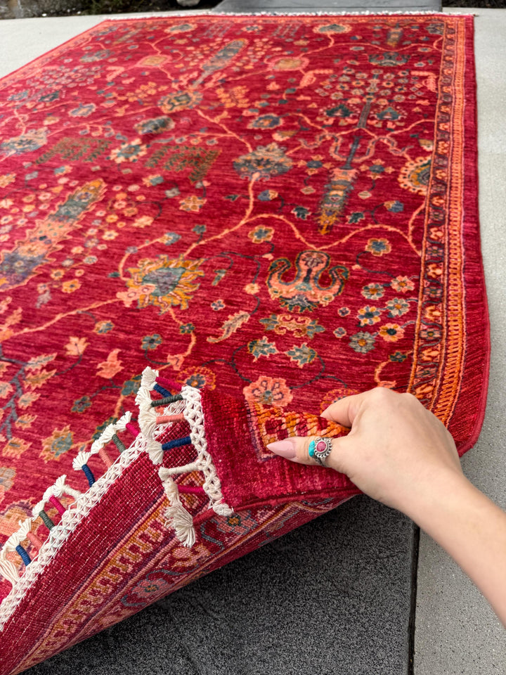 7x10 Handmade Afghan Wool Rug | Intricate Floral Vine Design | Red And Blue Area Rug