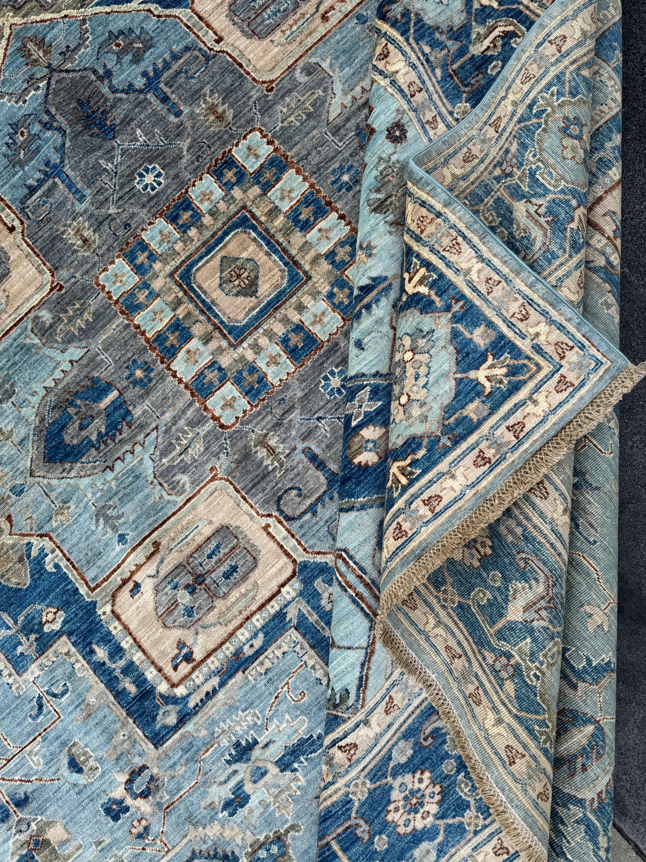 9x12 Handmade Afghan Wool Rug | Classic Medallion Design | Blue And Ivory Area Rug