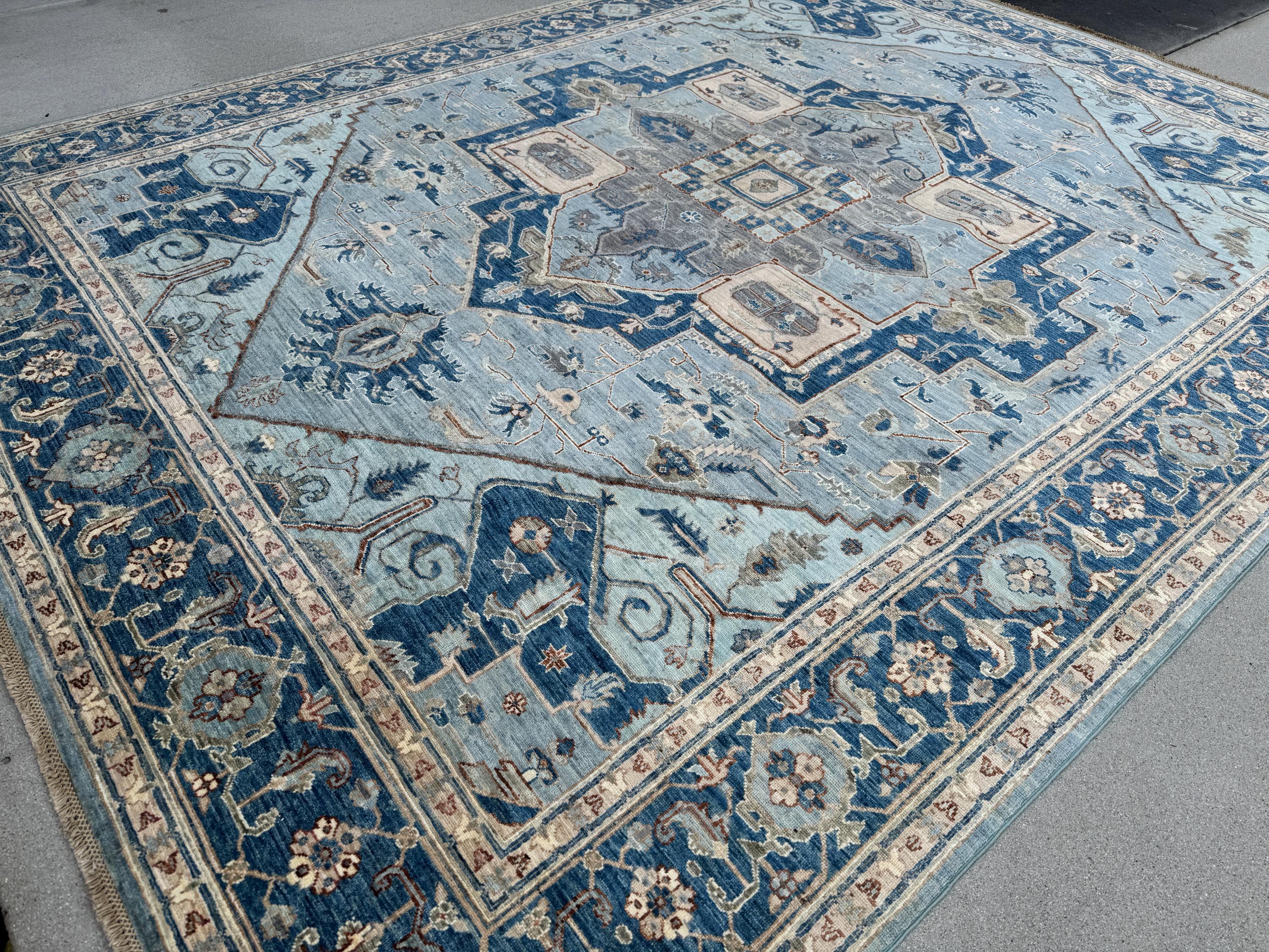 9x12 Handmade Afghan Wool Rug | Classic Medallion Design | Blue And Ivory Area Rug