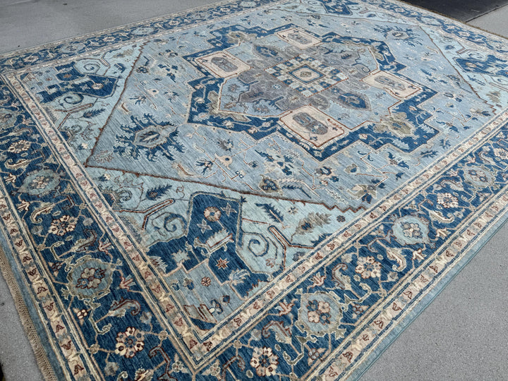 9x12 Handmade Afghan Wool Rug | Classic Medallion Design | Blue And Ivory Area Rug