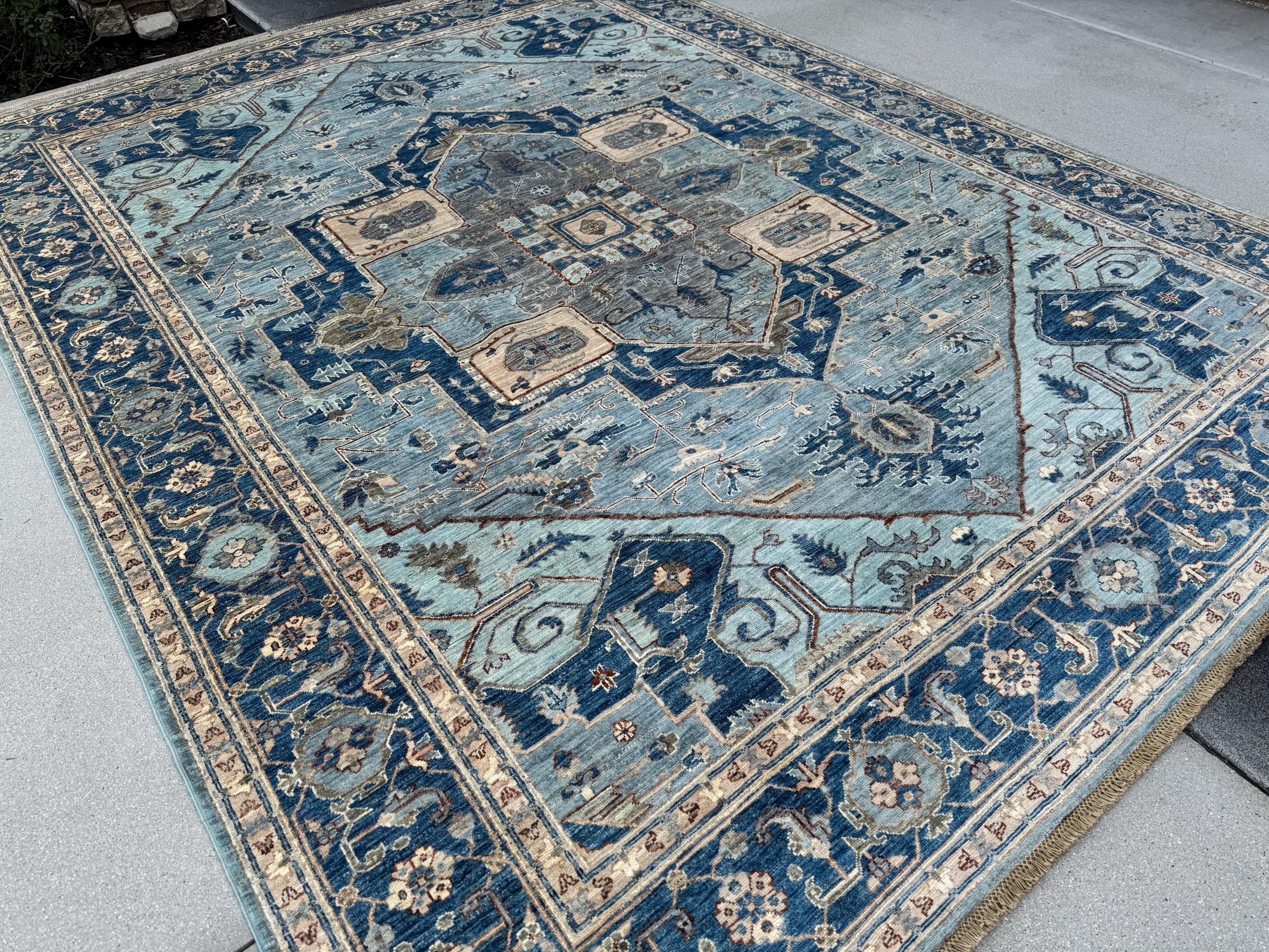 9x12 Handmade Afghan Wool Rug | Classic Medallion Design | Blue And Ivory Area Rug
