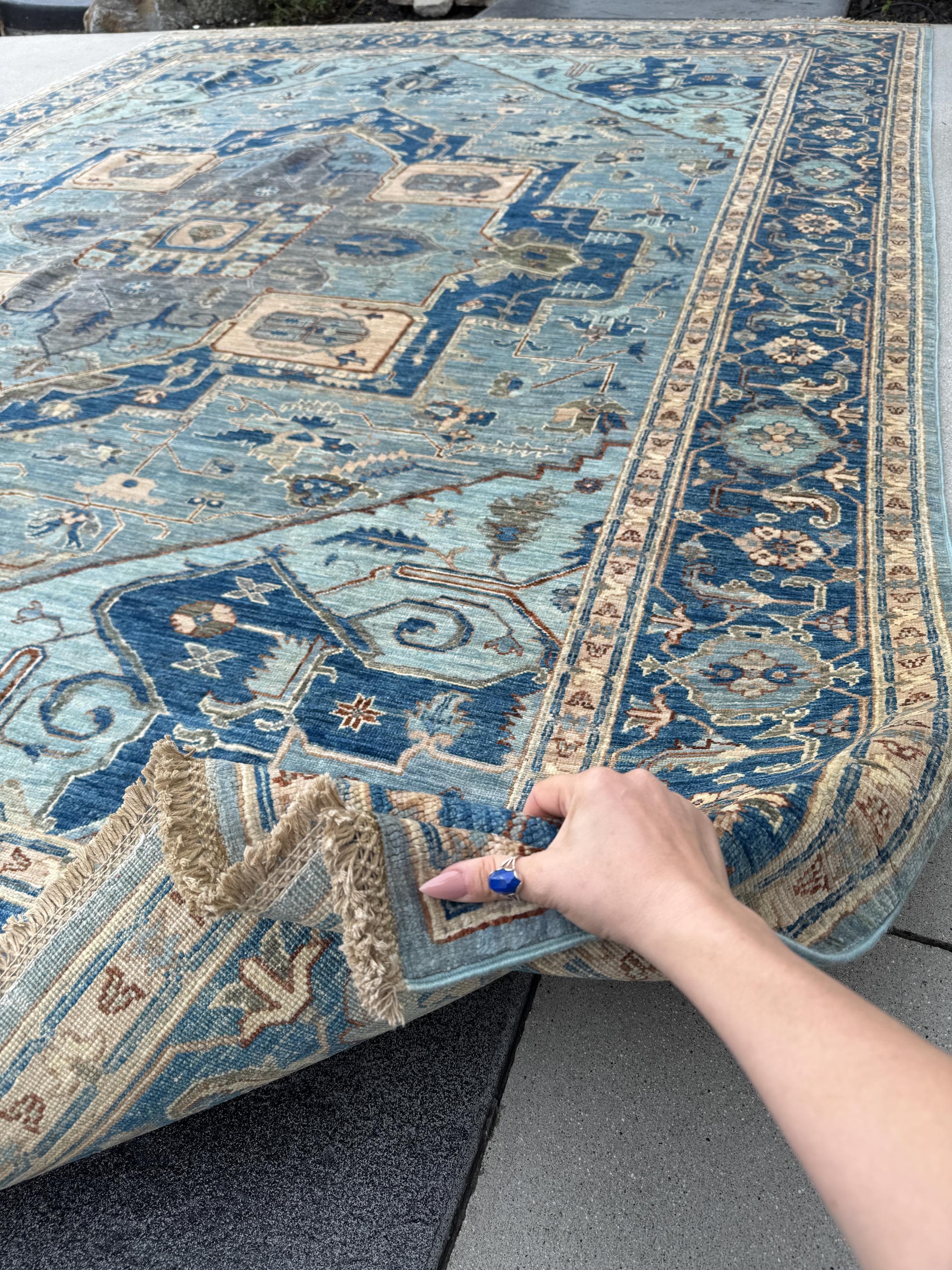 9x12 Handmade Afghan Wool Rug | Classic Medallion Design | Blue And Ivory Area Rug