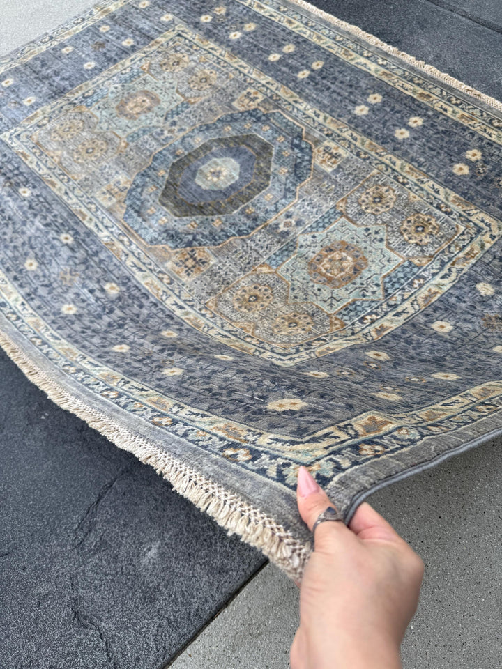 4x6 Handmade Afghan Wool Rug | Soft Medallion Mamluk Design | Blue And Ivory Area Rug