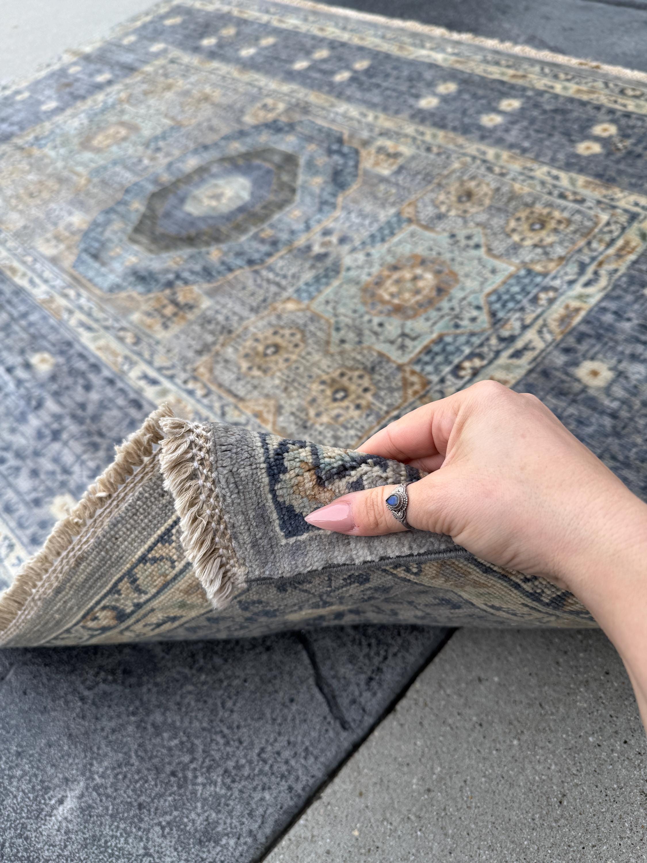 4x6 Handmade Afghan Wool Rug | Soft Medallion Mamluk Design | Blue And Ivory Area Rug