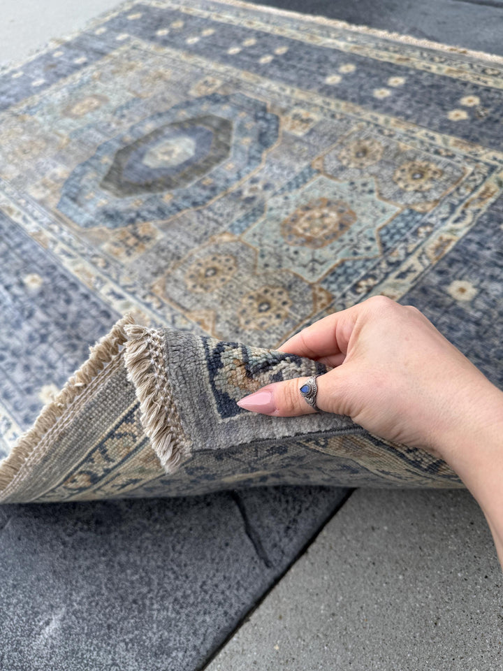 4x6 Handmade Afghan Wool Rug | Soft Medallion Mamluk Design | Blue And Ivory Area Rug