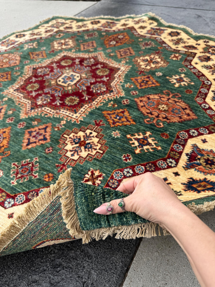 7x7 Round Handmade Afghan Wool Rug | Scalloped Tribal Medallion Star | Green And Ivory Area Rug