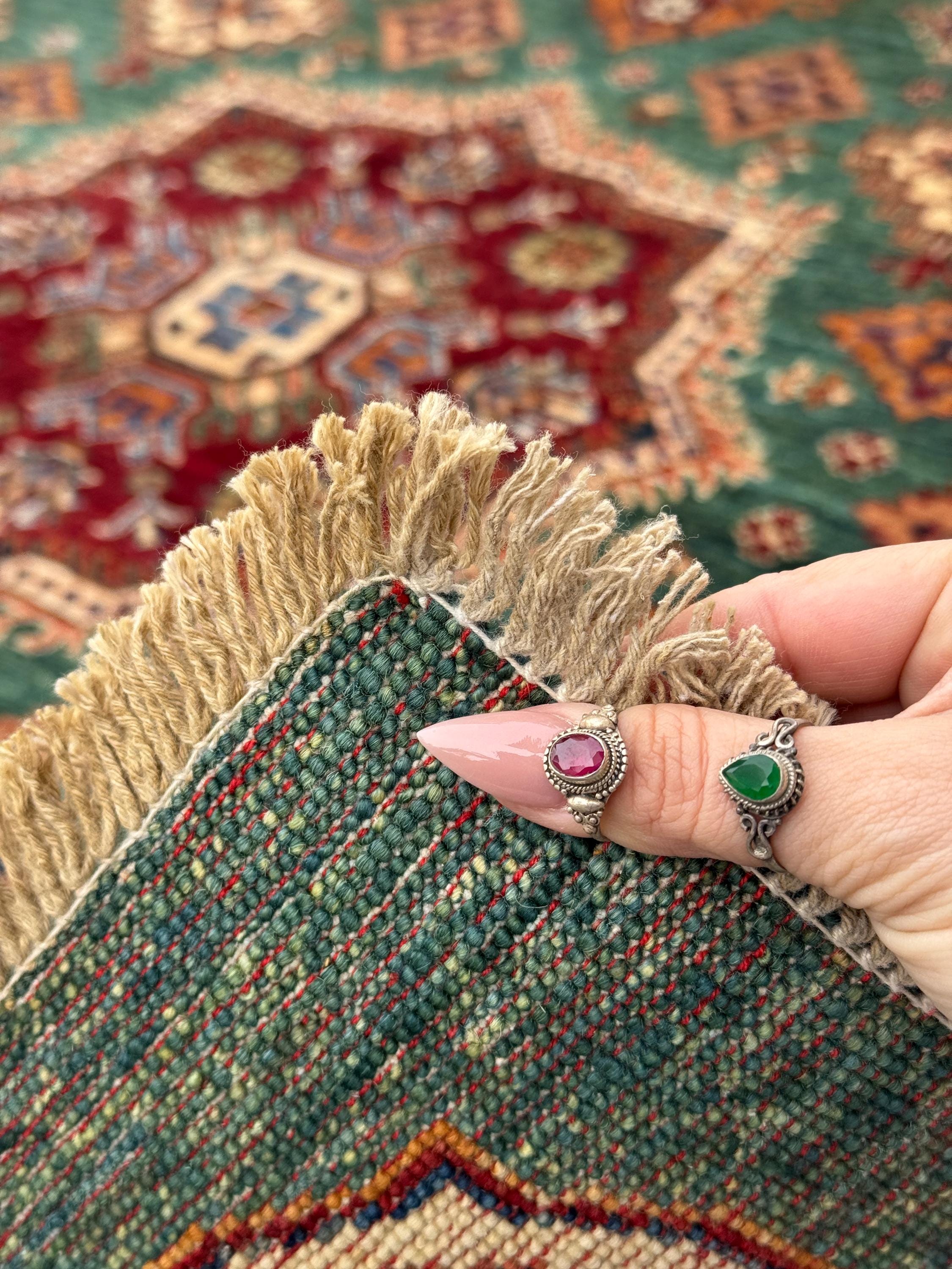 7x7 Round Handmade Afghan Wool Rug | Scalloped Tribal Medallion Star | Green And Ivory Area Rug