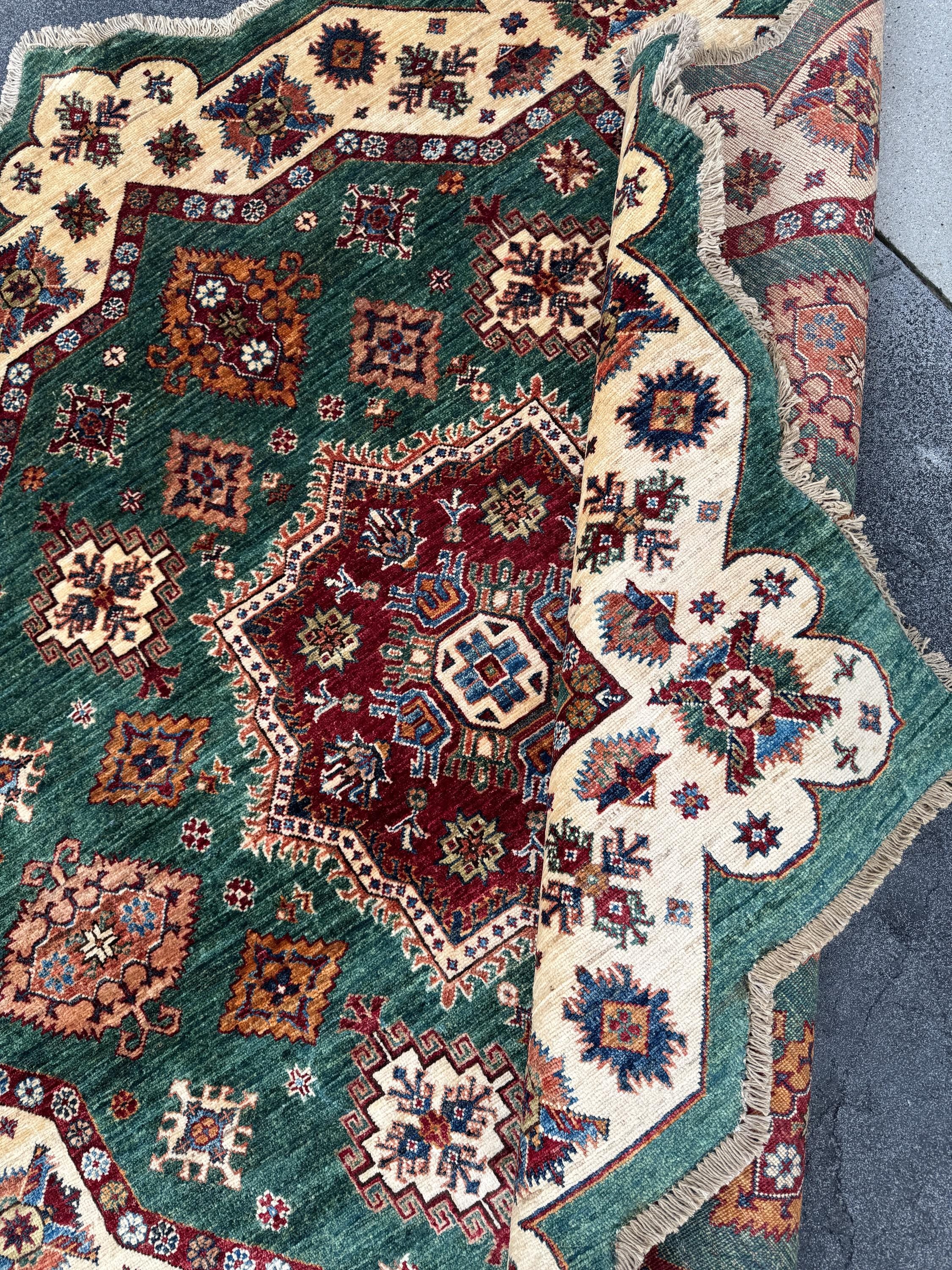 7x7 Round Handmade Afghan Wool Rug | Scalloped Tribal Medallion Star | Green And Ivory Area Rug