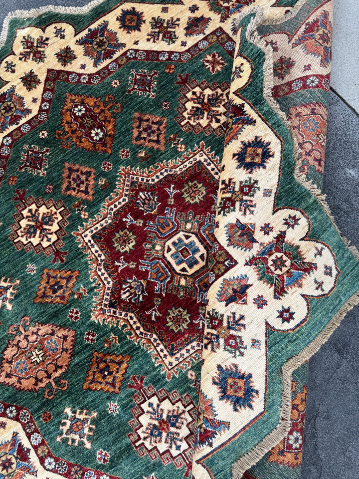 7x7 Round Handmade Afghan Wool Rug | Scalloped Tribal Medallion Star | Green And Ivory Area Rug