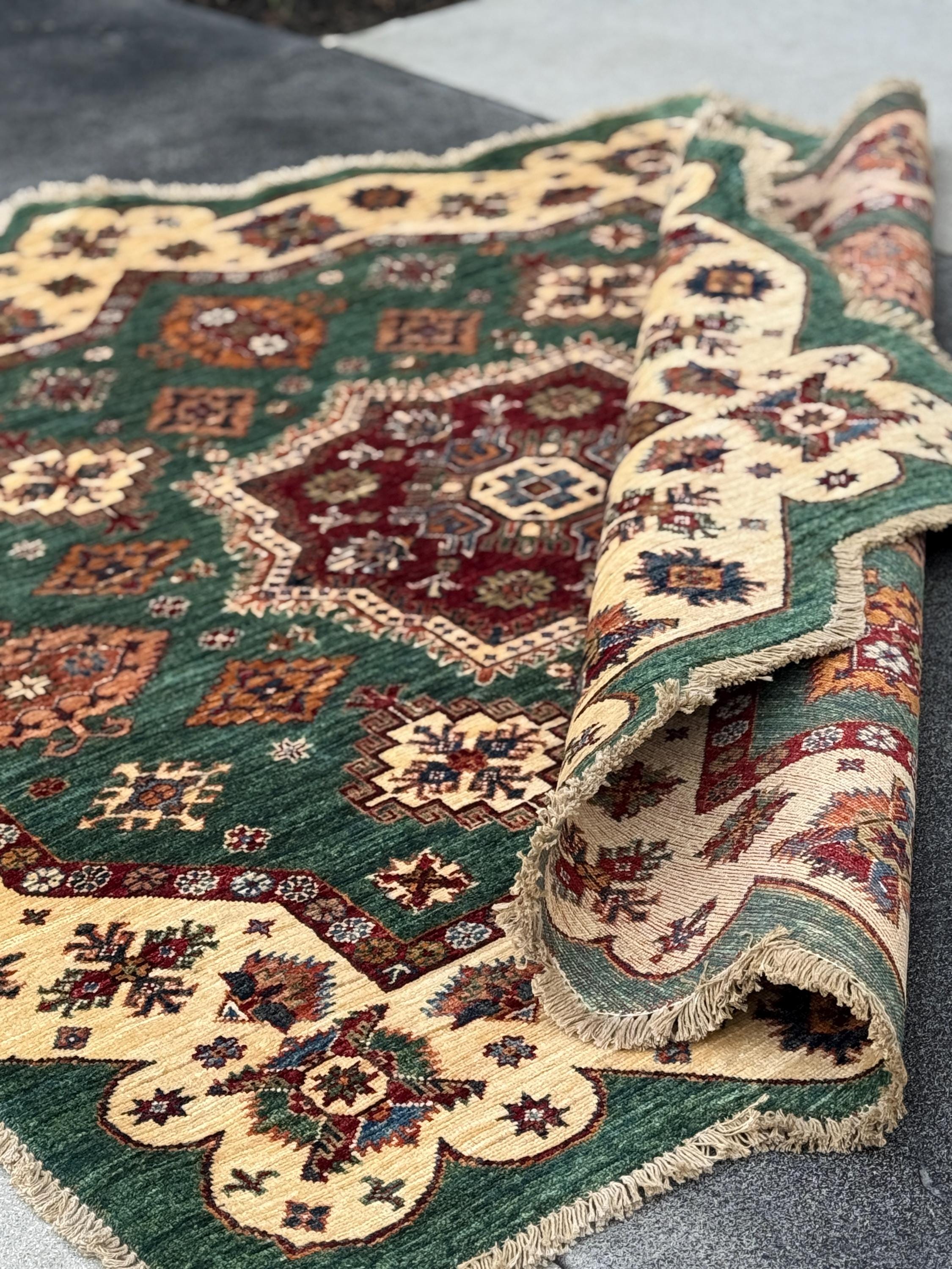 7x7 Round Handmade Afghan Wool Rug | Scalloped Tribal Medallion Star | Green And Ivory Area Rug