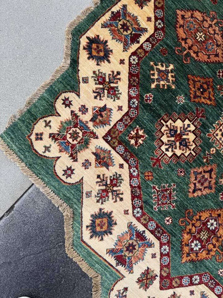 7x7 Round Handmade Afghan Wool Rug | Scalloped Tribal Medallion Star | Green And Ivory Area Rug
