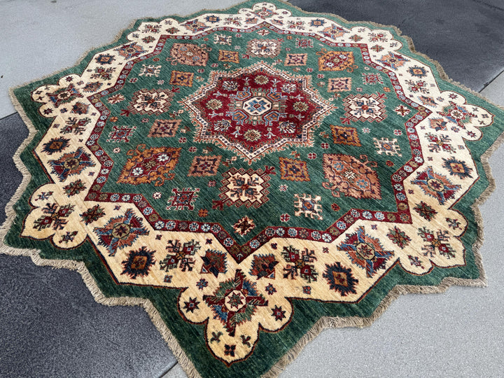 7x7 Round Handmade Afghan Wool Rug | Scalloped Tribal Medallion Star | Green And Ivory Area Rug