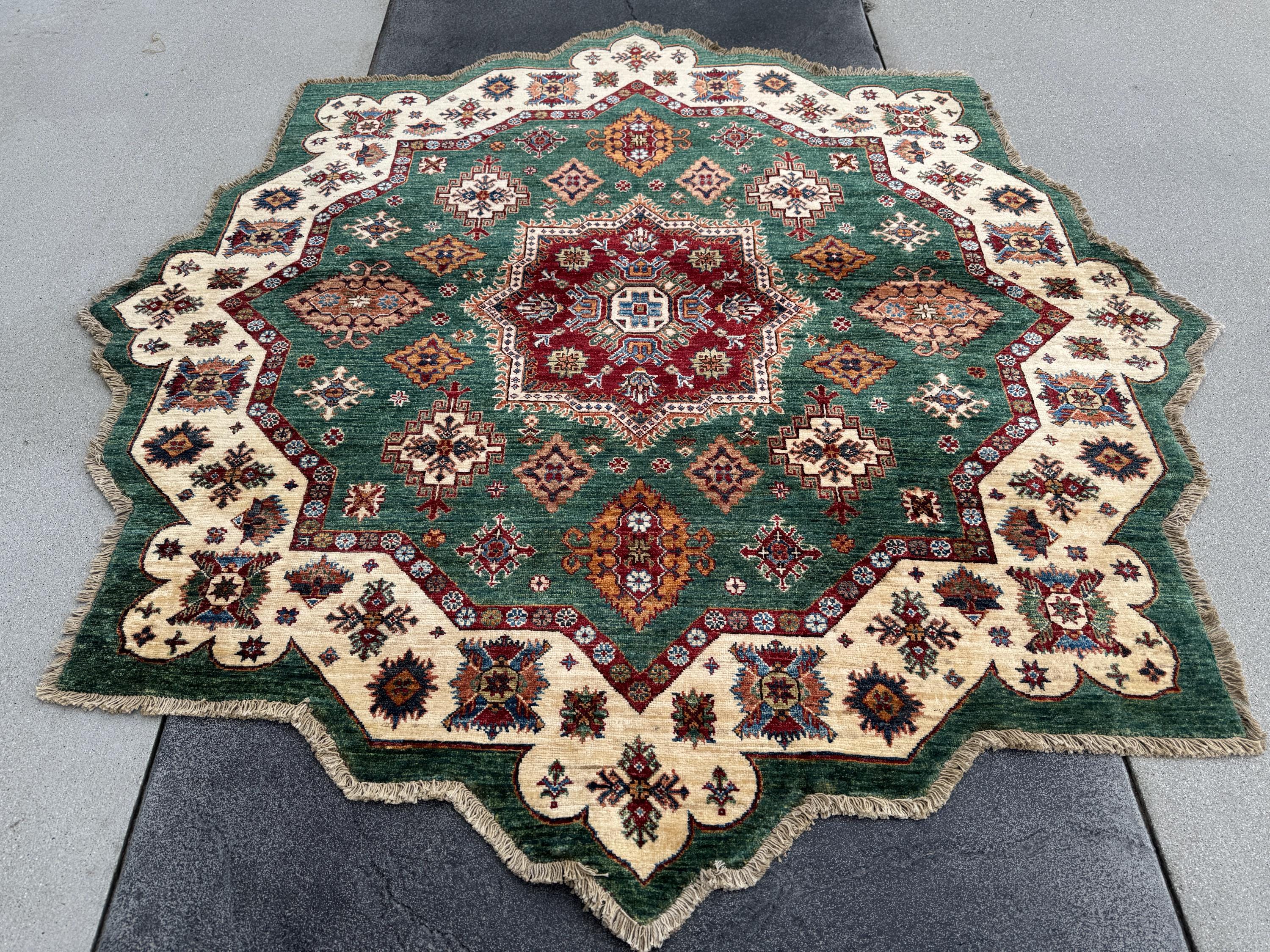 7x7 Round Handmade Afghan Wool Rug | Scalloped Tribal Medallion Star | Green And Ivory Area Rug