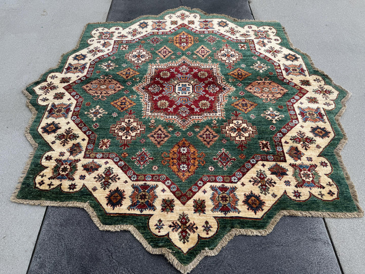 7x7 Round Handmade Afghan Wool Rug | Scalloped Tribal Medallion Star | Green And Ivory Area Rug