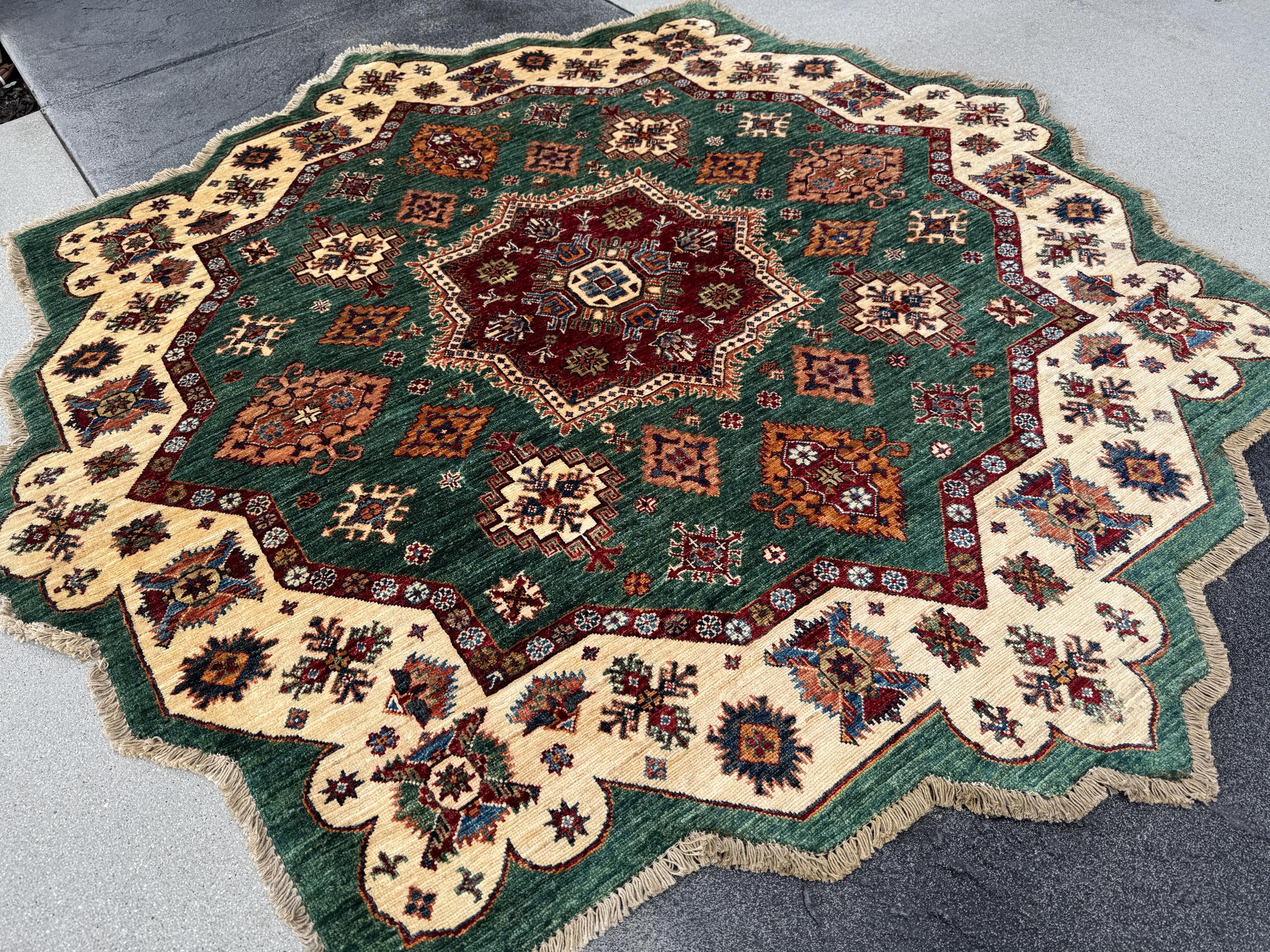 7x7 Round Handmade Afghan Wool Rug | Scalloped Tribal Medallion Star | Green And Ivory Area Rug