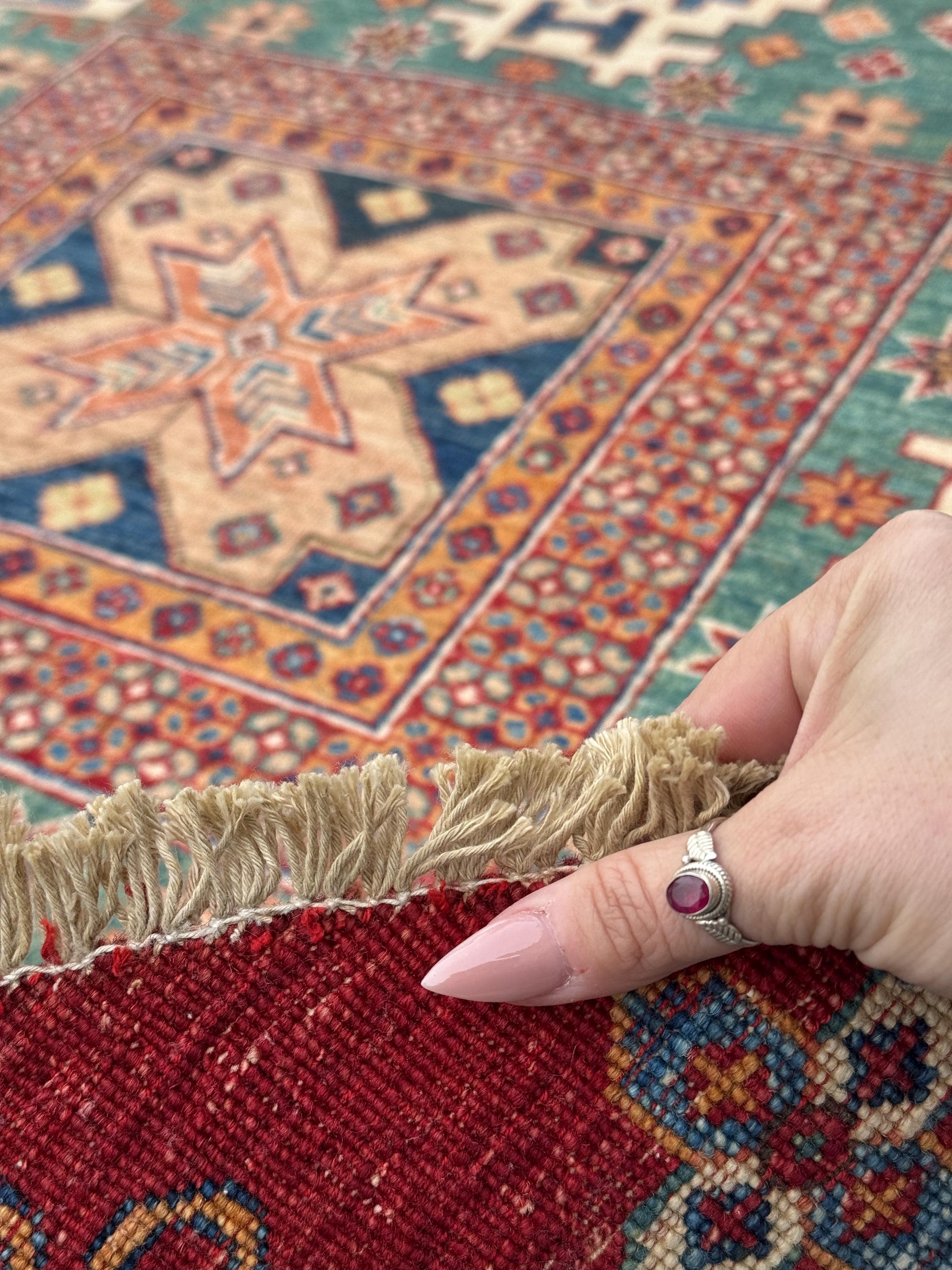 6x6 Round Handmade Afghan Wool Rug | Tribal Star Medallion | Red And Green Area Rug