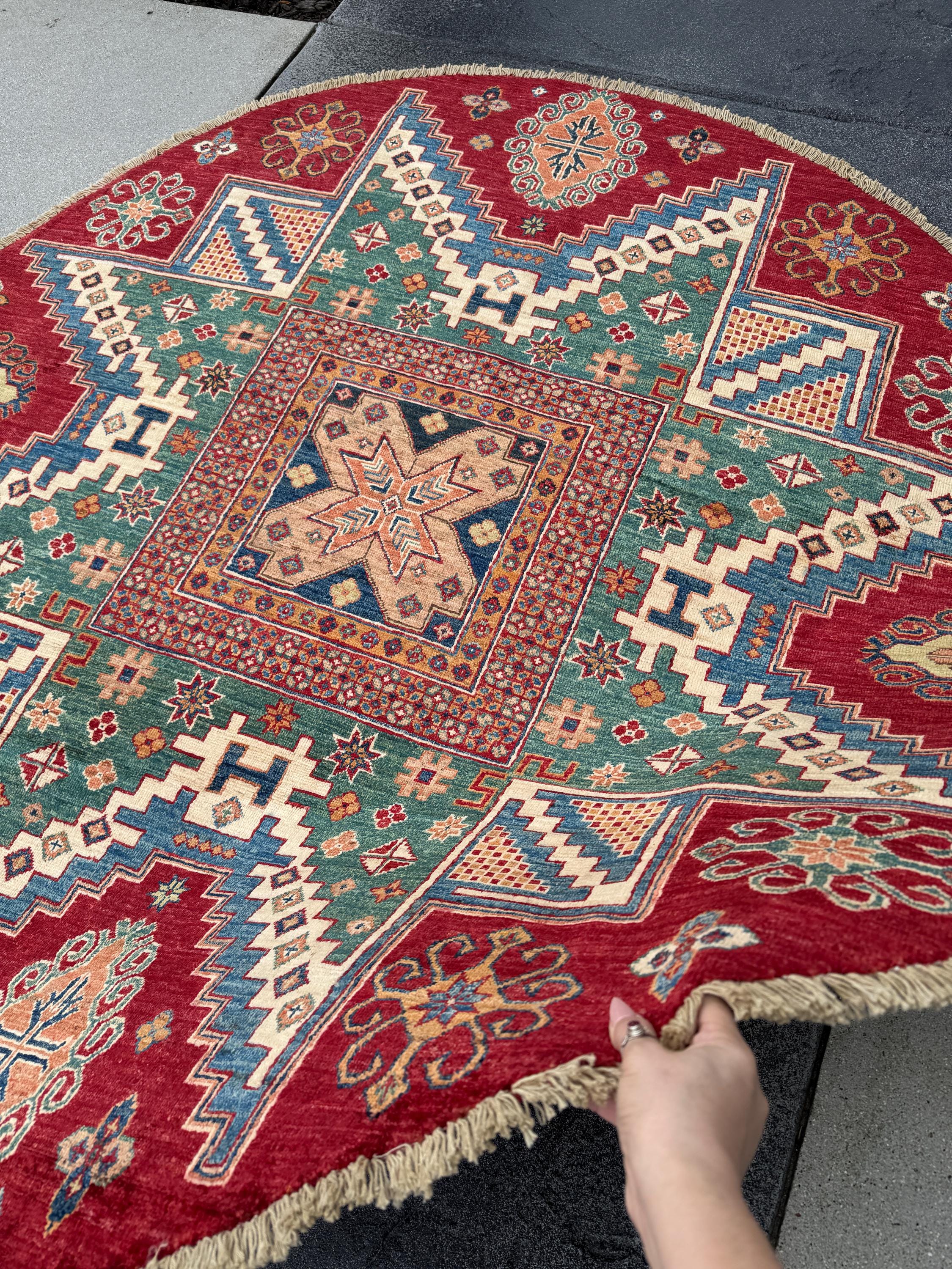 6x6 Round Handmade Afghan Wool Rug | Tribal Star Medallion | Red And Green Area Rug