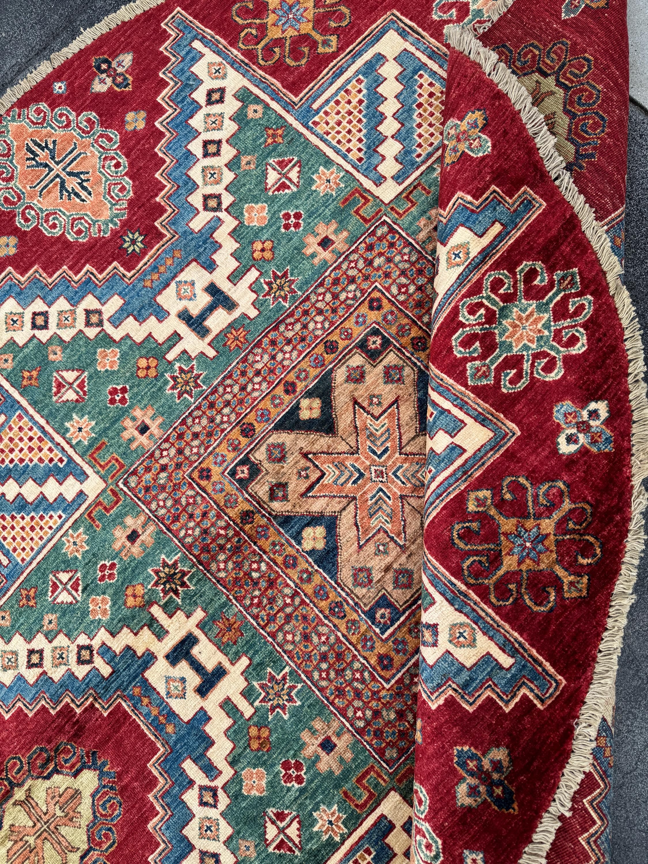 6x6 Round Handmade Afghan Wool Rug | Tribal Star Medallion | Red And Green Area Rug